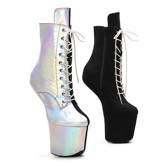 Silver with black upper Lace Up Ankle Boots y Exotic heelless pole dance shoes