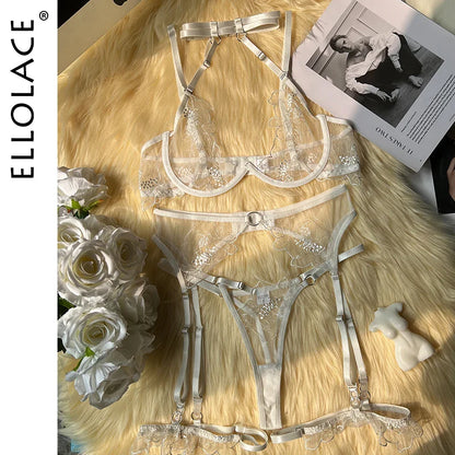 Ellolace Sensual Romantic Lingeries Transparent Lace Embroidery Hot Girl Underwear See Through Lace Set Half Cup Push Up Outfit