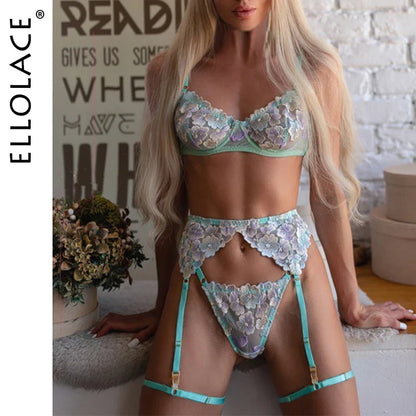 Ellolace Fancy Lingerie Floral Embroidery Underwear 3-Piece Luxury Lace Garter Brief Sets Bra And Panty Sexy Outfit Intimate