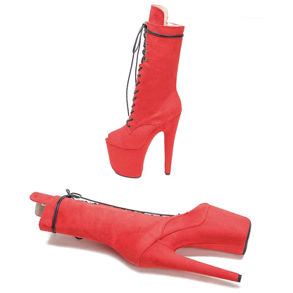 RED Suede 20CM Pole dancing shoes High Heel platform Boots open toe Pole Dance boot
