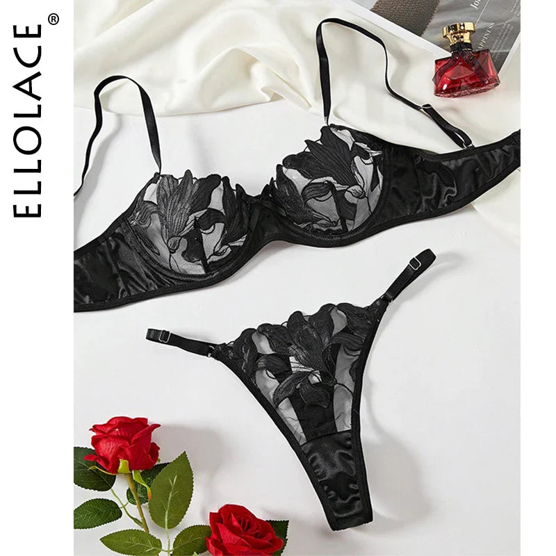 Ellolace Lingeries Sets Sexy Embroidery Lace Bra Erotic Outfit See Through Romantic Only Fans Lingeries Sissy Bilizna Couple Kit