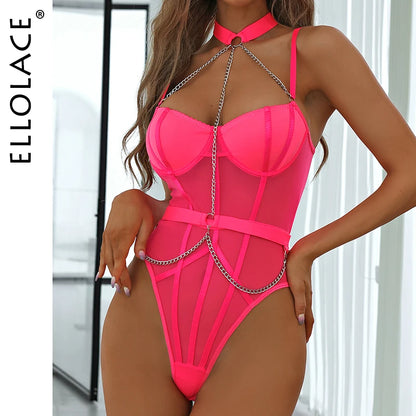 Bodysuit With Halter Chain Fitness y  See Through Teddy High Leg Body Suit Lace  Hot Sensual Tights