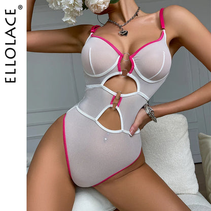 Ellolace Lingerie Lace Bodysuit Cut Out Sexy Tops Transparent One Pieces Bodys Sissy Crotchless Contrast Color Skin Custumes