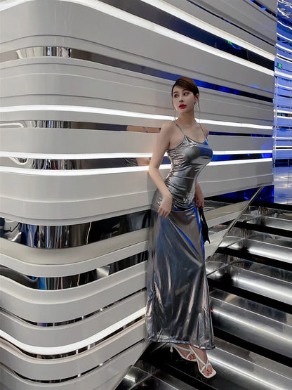 Sexy Style Light Luxury Spicy Girl Liquid Bright Female Korean Indie Style Silver Dress Elegant Party Fashion TemperamentBMI6