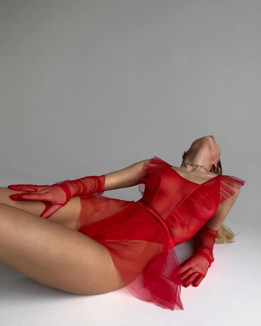 Ruffles Bodysuit With Gloves Sheer Lace Transparent Body  Mesh Tops y Lingerie Fancy Bowknot Costume