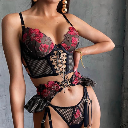 Lingerie Sexy Transparent Bra Underwear For Sex Ruffle Garters Fantasy Thongs 3-Piece Fancy Intimate