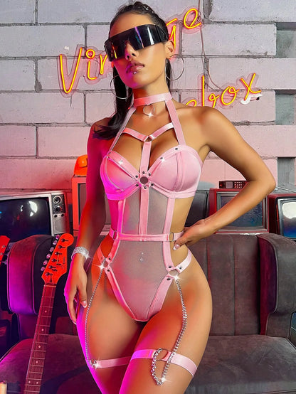 Body de festival, Tops con espalda descubierta y cuello Halter, traje de una pieza para club nocturno, medias sensuales de encaje para Fitness 