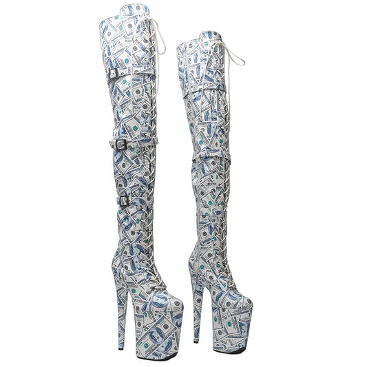 20CM/8inches Dollar pattern Women New Design  Extreme High Heel   Lap Dancing Stripper Shoes Platform Lace-up 5B