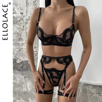 Ellolace Super Sexy Lingerie Push Up Suspenders Spandex See-Through Bra Hot Lace Erotic Underwear Luxury Sexy Girl Set 3-Pieces