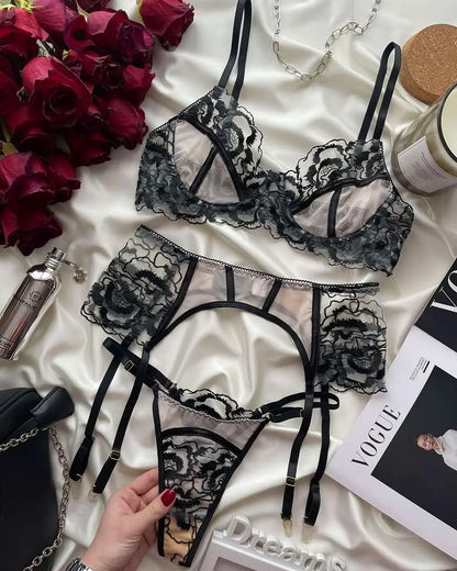 Ellolace Floral See Through Lingerie Lace Embroidery Fancy Bra Kit Push Up Beautiful Underwear Delicate Luxury Outfits