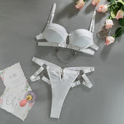 Crotchless y Lingerie Luxury Push Up Bra Fancy Underwear Uncensored Set Women 2 Piece White Intimate Bilizna Outfit