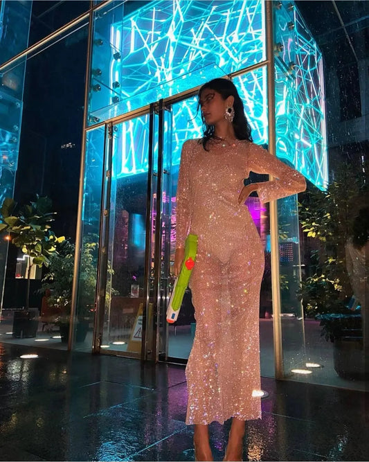 Shiny Rhinestone See Through Mesh Dress Women Sexy O Neck Split Long Sleeve Party Dresses Nightclub Cocktail Ladies Dress