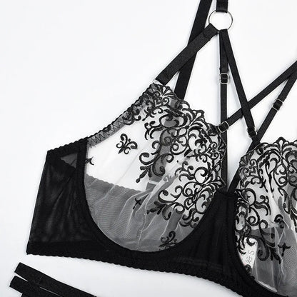Fancy Lingerie Sujetador cruzado Ropa interior de encaje transparente floral 4 piezas Hada sensual Íntimo sin censura y conjuntos exóticos 