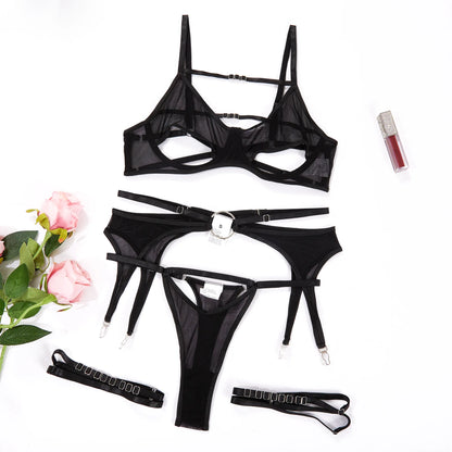 Open Bra Sensual Lingerie  Transparent Bilizna Set Garters Exotic Sets Black  Intimate 3-Piece