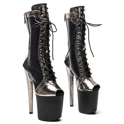 20CM/8inches  PU Upper black with gun color open toe Pole dancing shoes High Heel platform Pole Dance boot