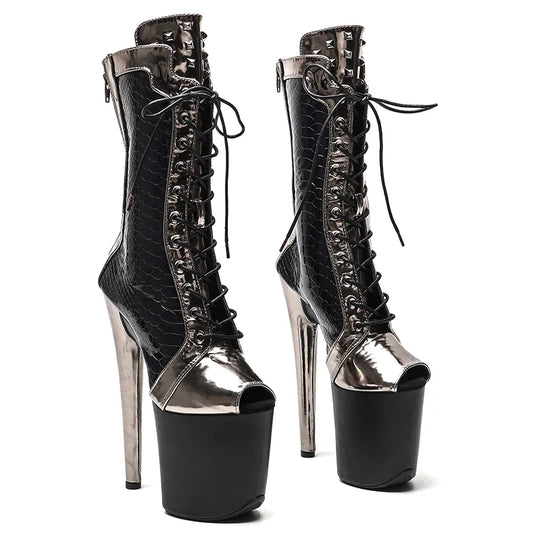 20CM/8inches  PU Upper black with gun color open toe Pole dancing shoes High Heel platform Pole Dance boot