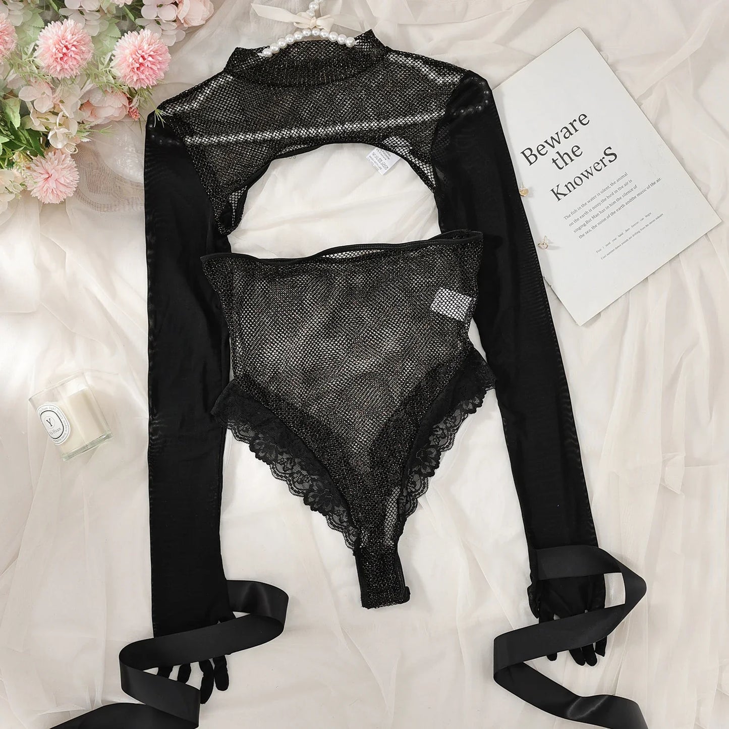 Ellolace Bound Hand Erotic Babydoll Porn Mesh Body With Long Sleeve Crop Tops Open Crotch Tights Transparent Onlyfans Sexy Set