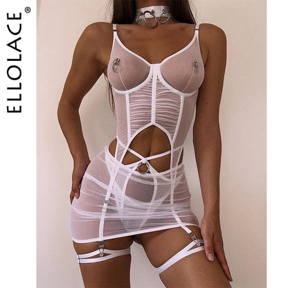 Ellolace Ruffle Erotic Lingerie Transparent Lace Fancy Underwear Lifting Bolt Sensual Outfit Sheer Mesh Sissy Exotic Sets