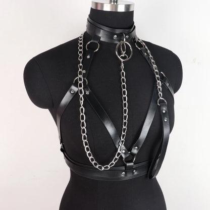 Goth Bra y Lingerie For Woman Leather Body Harness Belt  Chest  y Corset With Chain Festival Outfits Women