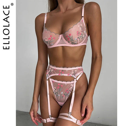 Ellolace Fairy Lingerie Floral Transparent Bra Fancy Underwear Delicate Lace Garter Belt Set Valentine Holiday Sexy Intimate