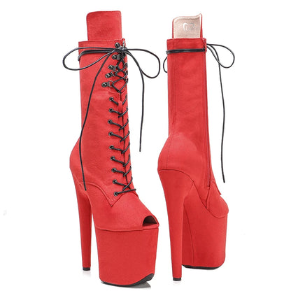 RED Suede 20CM Pole dancing shoes High Heel platform Boots open toe Pole Dance boot