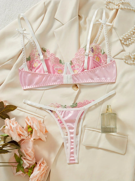 Ellolace Pink Lace Lingerie Sweet Girl Slip Underwear Silk Delicate Embroidery Bilizna Set Sissy Translucent Tulle Intimate