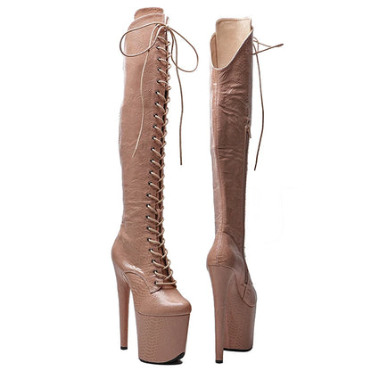 20CM/8inches Snake PU Upper Pole Dancing Shoes Fahion High Heel Platform Lace up Thigh High Boots Pole Dance Boots