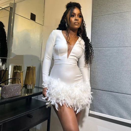 hirigin Sexy Women Mini Bodycon Dress Mesh Patchwork Feather Trim Long Sleeve Dress Fall Eveing Party Dress vestido feminino