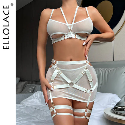 Ellolace Fetish Lingerie G-String Thong Luxury Underwear Cutting 5-Piece Garter Transparent Halter Bra Fine Exotic Bilizna Set