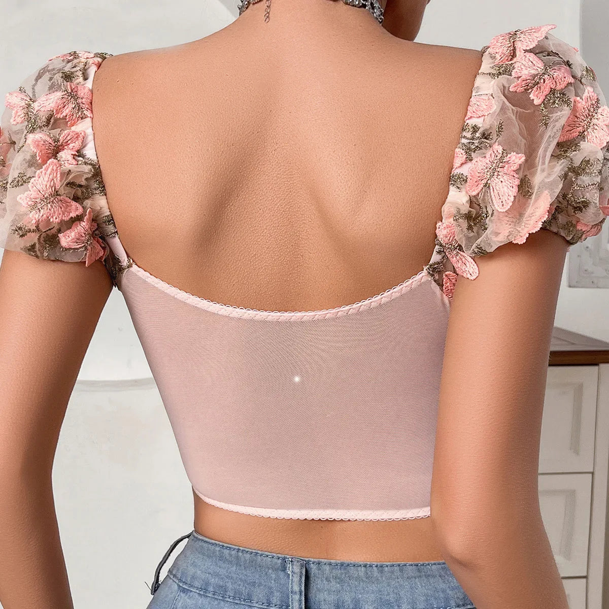 Ellolace Fancy Pink Crop Top Puff Sleeves Sexy Youthful Woman Clothes Square Neck Lace Butterfly Lace Up Ladies Fashion Cropped