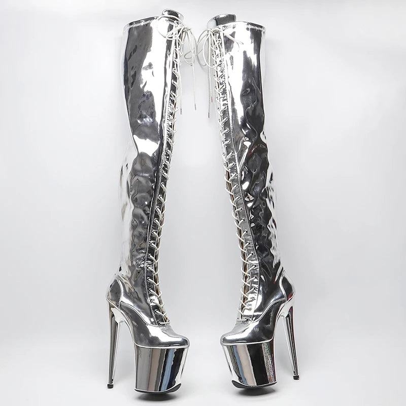 20CM/8inches Shiny PU  Upper Exy Exotic Young Trend Fashion  Boots High Heel  Electroplate  Platform Pole Dance Boot
