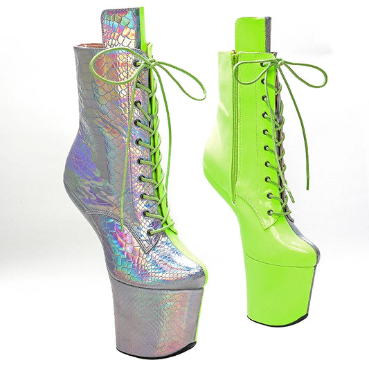 PU Upper  Silver with green color Platform Ankle Boots y Exotic heelless pole dance shoes