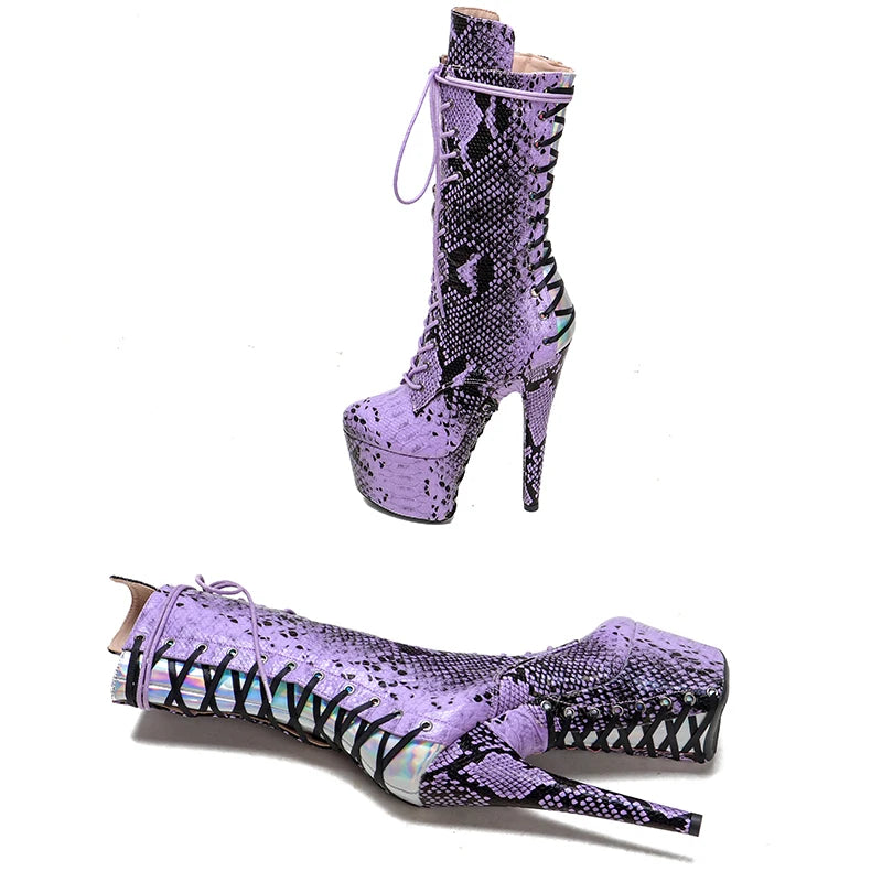 17CM/7inches Snake PU upper  cross lace Pole dance shoes High Heels Pole Dance boot