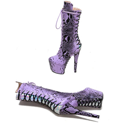 17CM/7inches Snake PU upper  cross lace Pole dance shoes High Heels Pole Dance boot