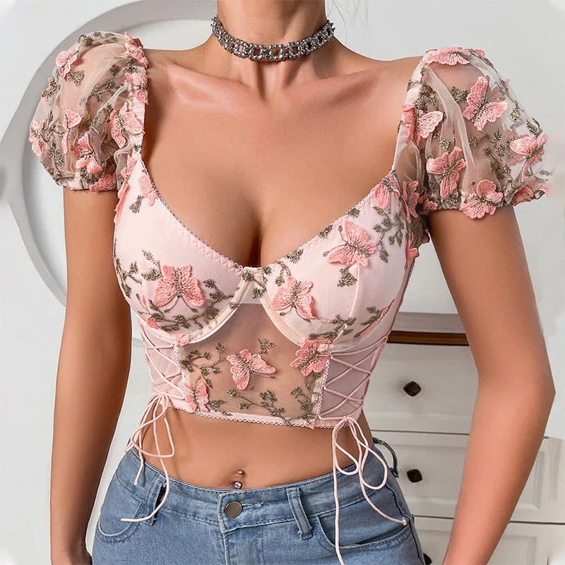 Ellolace Fancy Pink Crop Top Puff Sleeves Sexy Youthful Woman Clothes Square Neck Lace Butterfly Lace Up Ladies Fashion Cropped