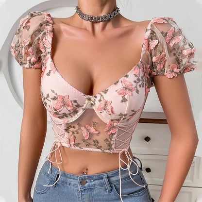Ellolace Fancy Pink Crop Top Puff Sleeves Sexy Youthful Woman Clothes Square Neck Lace Butterfly Lace Up Ladies Fashion Cropped