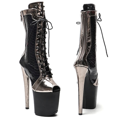 20CM/8inches  PU Upper black with gun color open toe Pole dancing shoes High Heel platform Pole Dance boot