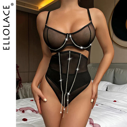 Ellolace Rhinestone Lingerie With Waistband Sheer Lace Sensual Underwear Glitter Tassels Naked Women Uncensored Sexy Intimate