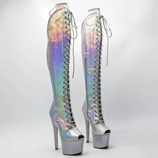 17CM/7inches holography Snake  Upper Small  Open toe  Pole dancing shoes High Heel platform Pole Dance boot