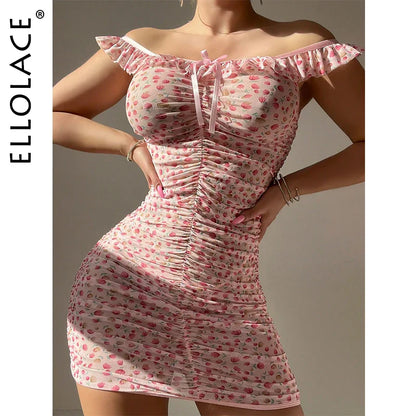 Ellolace Off Shoulder Ruffles Dress Floral Sweet Girl Slim Sexy Dress Sissy Adult Doll Hot Valentine Elegant Dresses Sexy Dames