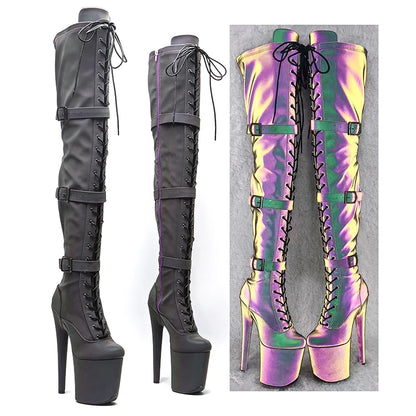 20CM/8Inch Reflective material  PU Upper Platform disco party High Heels Shoes Pole Dance boot