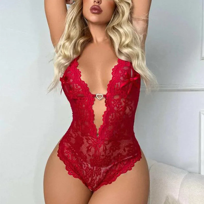 One Piece Open Bra Crotchless Women's Underwear For  Lace Transparent Lingerie Sets Plus Size Body Suit  Lenceria Mujer