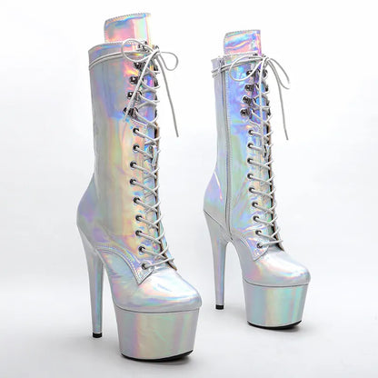 Silver holo 17CM/7inches Pole dancing shoes High Heel platform Boots Pole Dance boot