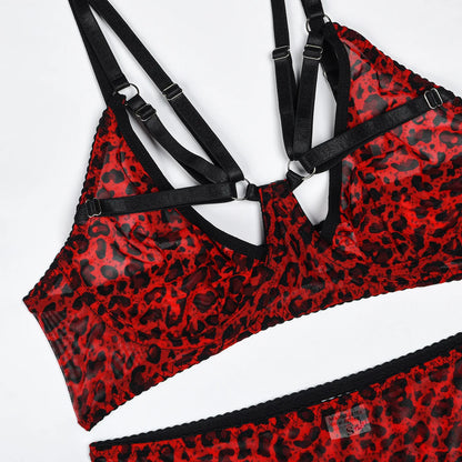 Tenue Lingerine Léopard Rouge Sous-Vêtements Noirs Dentelle Costume Transparent Costumes Sexy Bretelles Intime 