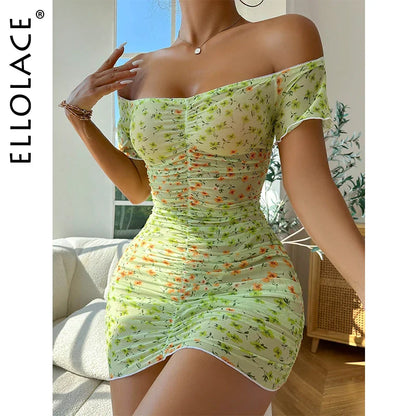 Ellolace Floral Ruffles Mini Dress Off Shoulder Sexy Dresses G-String Fantasy See Through Outfit Green Seductive Babydoll