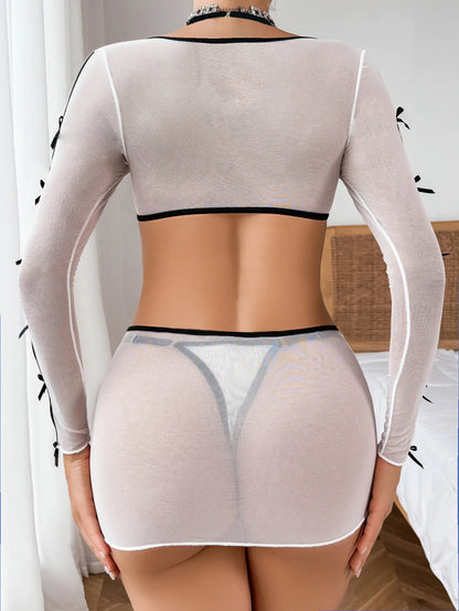 Ellolace Lingerie Sexy Woman Push Up Split Long Sleeve Bowknot Transparent Attractive Chest Romantic Girl Sexy Clothes For Lady