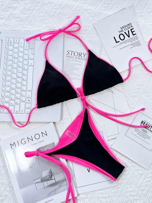 Halter Swimsuit Woman Micro Bikini Patchwork Swimwear  Summer Bathing Suits Lace Up Swimming Separate Beach Outfits