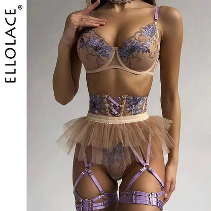 Ellolace Fancy Lingeries For Woman Floral Lace Bilizna Set Ruffle Suspenders Sexy Body Sheer Luxury Erotic Romantic Outfits