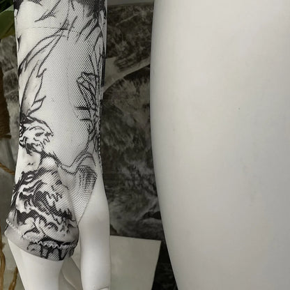 Body de encaje con estampado de dragón, Body transparente de manga larga, Tops de malla elegantes, monos de fantasía, peluche con entrepierna abierta 