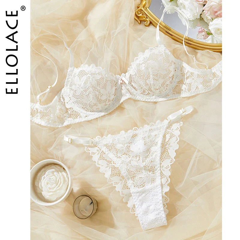 Ellolace Lingerie Sexy Woman Push Up See Through Floral Outfits Erotic Intim Goods White Soft Seamless Underwear Set